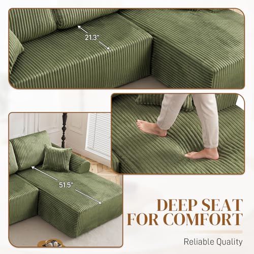 Image of 110 inch L Shaped Boneless Sectional Couches for Living Room, Comfy Corduroy Floor Cloud Sofa with Chaise, Wide Armrest, Deep Seat, Memory Foam, Assembly Free, Ideal for Small Spaces, Green