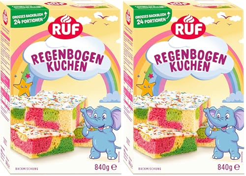 RUF Regenbogen-Kuchen, bunter Blechkuchen mit hellem Rührteig, in pink und grün mit Glasur und bunten Zuckerstreuseln, schneller Kuchen für Kinder-Geburtstag (Packung mit 2)