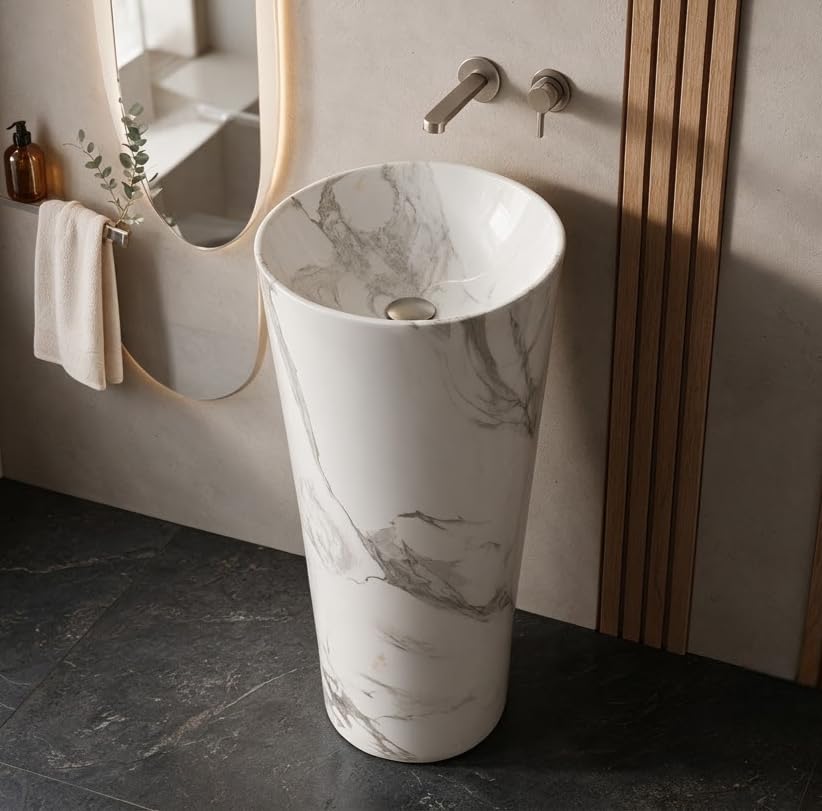 Image of Backline Pedestal Basin Without Tap Hole | Free Standing Pedestal Basin 7 Years Warranty | One Piece Basin for Bathroom /Office /Living Room /Restaurant (Size - 15 x 15 x 34 Inch)