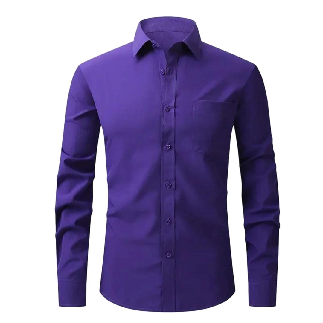 Pohullan Men Long Sleeve Elasticity Solid Color Business Work Formal Casual Button Slim Fit Male Dress Shirt