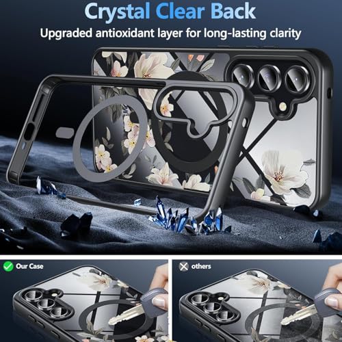 Image of VONZEE Compatible with Samsung Galaxy S25 FE 5G Case Luxury Retro Flowers Floral Clear for Magnetic Wireless Charging Case Shockproof PC+TPU Cute Glossy Shiny Cover for Girls Women, Black