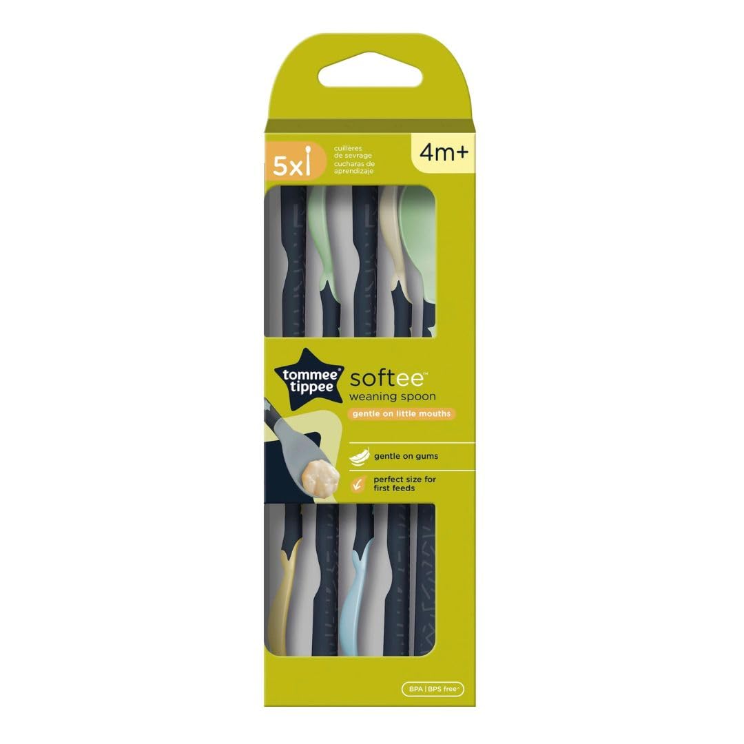 Tommee Tippee 44719610 Soft Tea Spoon with Long Non-Slip Handle, Extra Soft, from 4 Months, Pack of 5, Multi-Coloured