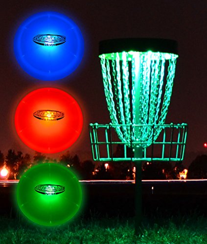 GlowCity Light-Up Disc Golf Set – 3 x LED Glow-in-The-Dark Discs - Driver Mid-Range and Putter with 2 x Remote Control Disc Puck Lights for Basket (excludes Basket)