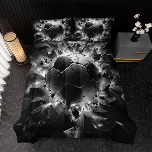 Image of Nttopship Soccer Bedding Comforter Set King Size for Kids Teens and Adults, Black and White Football Printed Bedding Sets 3 PCS,Ball Sports Themed Bedroom Decor with 1 Comforter and 2 Pillowcases