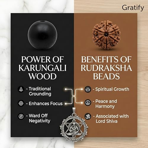 Image of Gratify Rudraksha Karungali Mala with Hanuman Pendant (8mm, 54 Beads) | Natural Ebony Wood & Sacred Rudraksha Spiritual Necklace for Meditation, Protection & Positive Energy | Unisex Prayer Mala