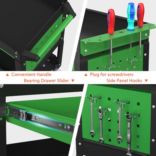 Image of 3 Tier Heavy Duty Rolling Tool Cart with Drawers, Large Storage Utility Cart on Wheels for Garage, Warehouse, Repair Shop (Black&Green)