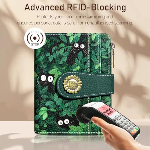 Image of Kelvoris Cute Green Black Cats Small Rfid Women Wallet Zipper Coin Pocket | Bifold PU Leather Compact Cash Credit Card Holder Travel Purse for Female Ladies Teen Girls 1 ID Window 10 Card Slots