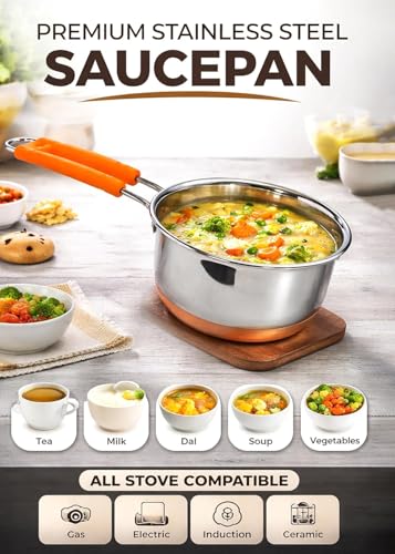 Image of Stainless Steel Copper Bottom Saucepan 2000 ML Tea, Coffee & Multipurpose Pan | Induction & Gas Stove Compatible Cookware