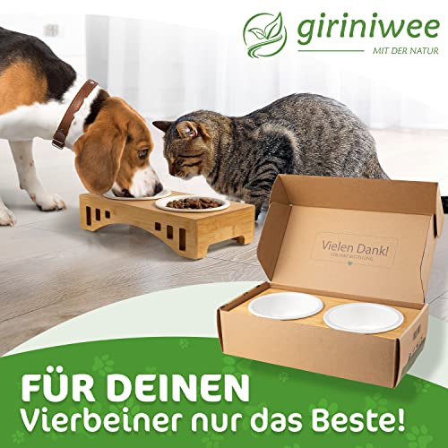 giriniwee Qualitäts Futter Bar mit Zwei 400ml Porzellannäpfen im Bambusgestell, erhöhte Doppelschale für Katzen, Kitten, kleine Hunde, Welpen und andere kleine Haustiere