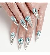 FORBELOVED NAILS,Luxury Silver-Blue Crystal Handmade Press On Nails,Long Stiletto Stick On Nails,...