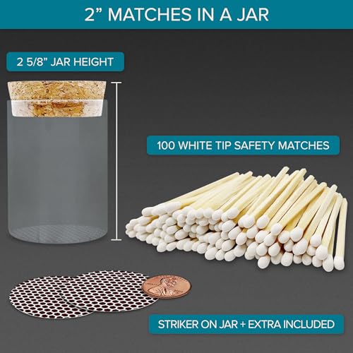 Image of 2 inch White Matches in a Jar + Striker Stickers Included | 100 Classy White Tip Decorative Safety Matches with a Cork Top Glass Holder | Gifts, Home Decor, & Candle Accessories by Thankful Greetings