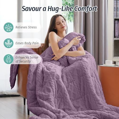 Wemore Weighted Blanket for Adults Twin Size 15 lbs, Dual Sided Soft Fuzzy Jacquard Sherpa Weighted Blankets for Sleeping, Cozy Fluffy Knitted Heavy Blanket for Couch Bed, Purple, 48 x 72 inches