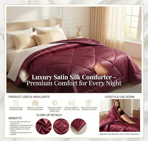 Image of SANMARINO Satin Comforter Double Bed 88x96 Inches | 300 TC Ultra Soft Silky Satin Comforter | Luxury Bedding for Bedroom, Couples, Wedding & Home Decor (Merlot)