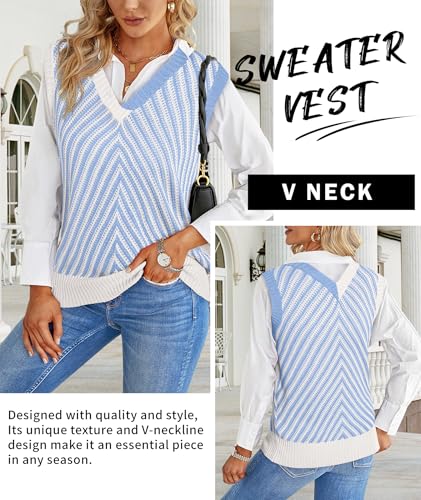 Image of MARZXIN Women Sleeveless Sweater V Neck Casual 2026 Fall Knitted Chevron V Neck Sweater Vest Color Block Pullover Sweater Top