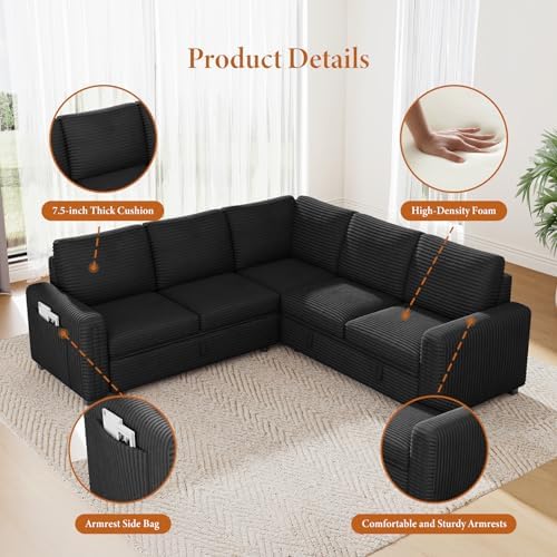 Vesgantti 88.4" Sectional Sleeper Sofa with Pull Out Bed, 5 Seater L Shaped Modular Sectional Couch with Storage, Comfy Corduroy Modular Couch for Living Room, Bedroom, Apartment, Black - Thumbnail 3