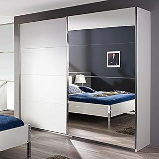 Jugendmöbel24.de Szafa z drzwiami przesuwnymi, biała, 2 drzwi, szer. 181 cm, szafa na ubrania, szafa na ubrania, szafa z drzwiami przesuwnymi, szafa z lustrem, pokój młodzieżowy, szafa do pokoju dziecięcego