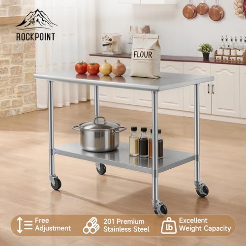 Image of ROCKPOINT All Stainless Steel Prep Table with Caster 30x48 Inch, Commercial Heavy Duty Workbench with Stainless Legs & Adjustable Undershelf, 840 lb Capacity for Outdoor Kitchens with Wheel