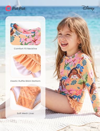 Image of Disney Frozen Elsa Stitch Marvel Toddler Girl Two Piece Long Sleeve UPF50+ Swimsuit Rashguard Sets Bathing Suit
