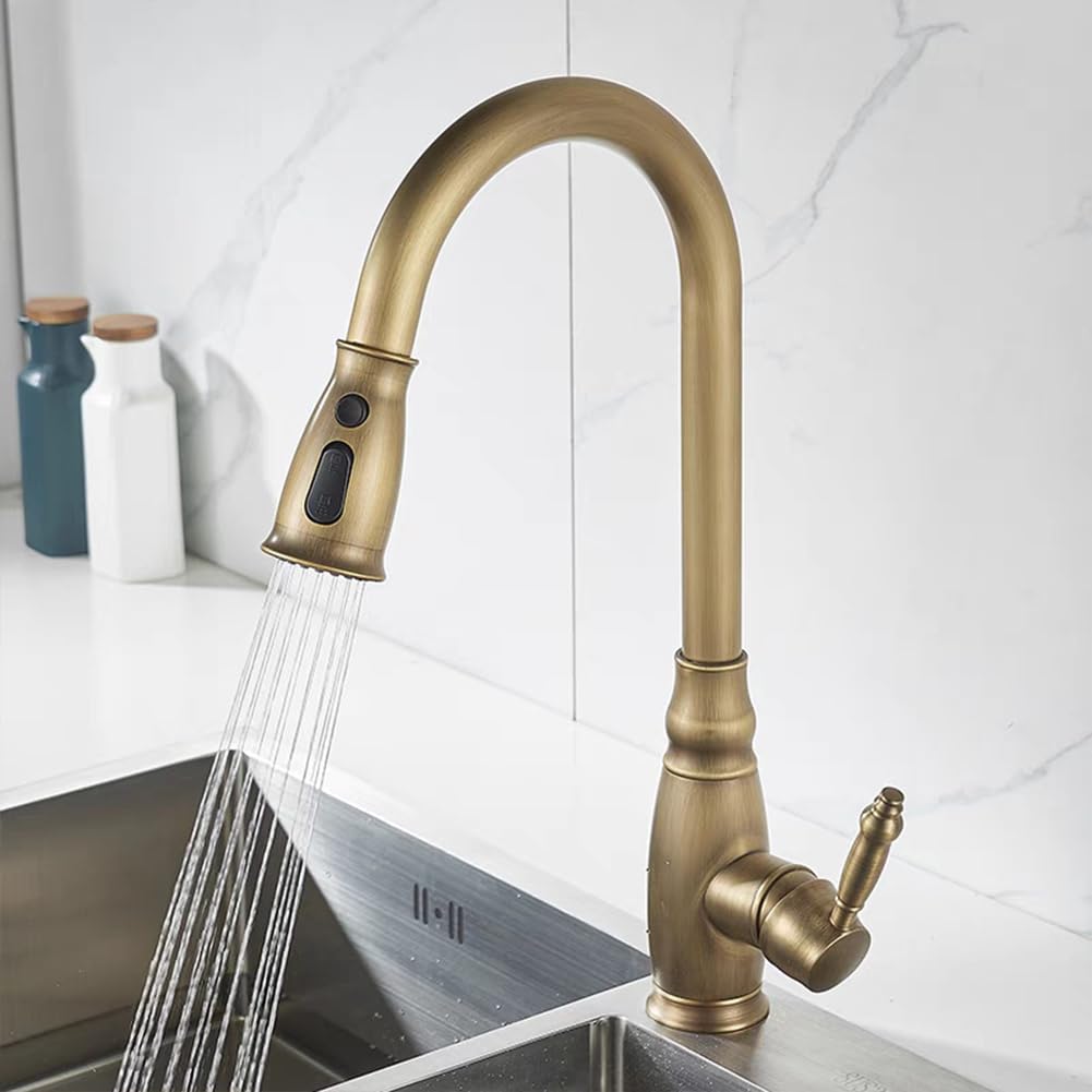 Rubinetto Cucina Rubinetto Lavello Con Doccetta Estraibile, 2 Modalità, Anticato Vintage Stile Girevole A 360 ° Monocomando Ottone Miscelatore Cucina, Rubinetto Lavello Cucina, Bronzo