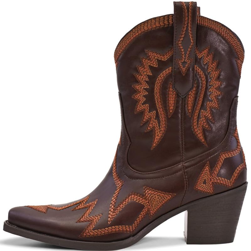 Image of HOCHFART Western Boots for Women Metallic Embroidered Pointed Toe Cowgirl Boots Chunky Heel Pull-On Short Cowboy Boots Wide Calf Country Ankle Boots