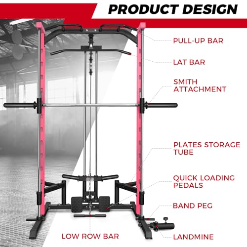 Image of RitFit Smith Machine Power Rack with LAT-Pull Down System, Landmine, Barbell Bar, Plate Storage Pegs and More Training Attachment