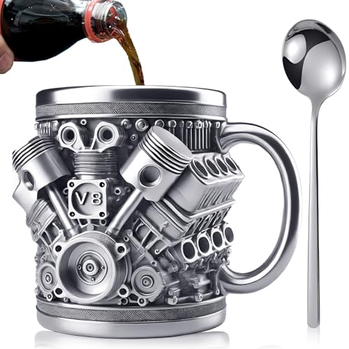 HA BIN Tasse à café en acier inoxydable 3D V8 - 300 ml - En forme de moteur de voiture - Pour la maison, le studio, les voyages, les amateurs de voiture - Argenté