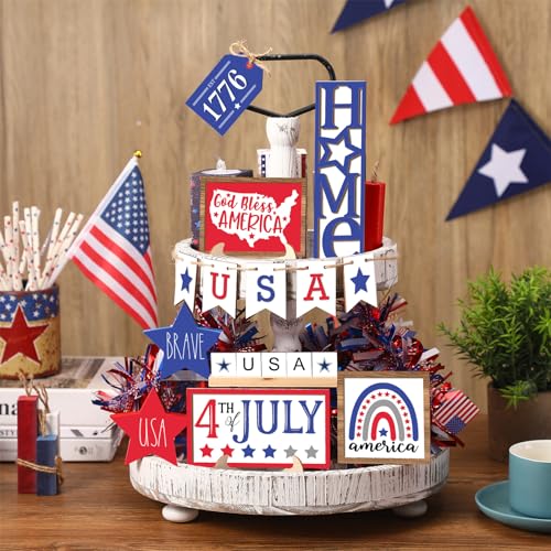 Image of FairySandy 13 Pieces 4th of July Tiered Tray Decor Autumn Patriotic Table Decor Wood Signs Independence Day Red White Blue American Decorations for Memorial Day 250th Anniversary Party Farmhouse Home