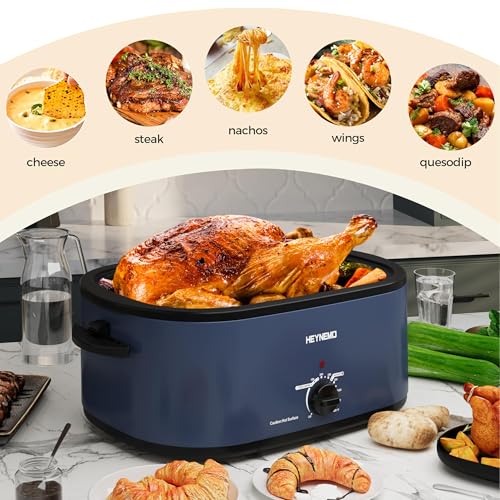 Image of HEYNEMO 24Qt Turkey Roaster Oven Buffet with Self-Basting Lid, 1450W Electric Roaster Oven with Cool-Touch Handles, Removable Pan and Rack, Stainless Steel, Blue