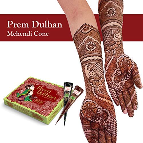 Image of Prem Dulhan Natural Henna Based Mehendi Cones 1 Box Pack of 12 Cones, Made from Natural Henna Leafs, Easy Application