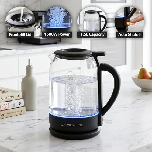 Image of OVENTE 1.5L Glass Electric Kettle Water Boiler, Black KG516B | 1500W Fast Boiling, Easy Fill Lid, Stainless Steel Filter, LED Indicator, Auto Shut-Off, Boil-Dry Protection, 360 Base