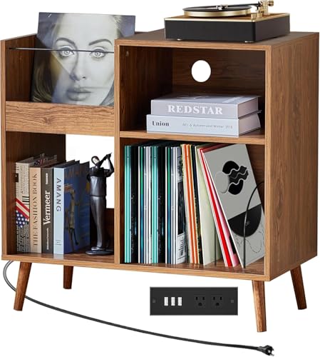 Supporto per giradischi in legno di noce con ciabatta integrata – Mobile portaoggetti in vinile a 3 livelli, Mid-Century Modern Credenza con porte USB e gestione dei cavi per il soggiorno