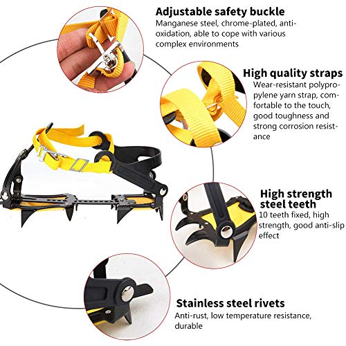 1 Par de empuñaduras de hielo, 10 dientes, antideslizante, trineos de tracción de nieve para nieve, crampones con llave hexagonal, bolsa de paquete para escalada, senderismo, caza