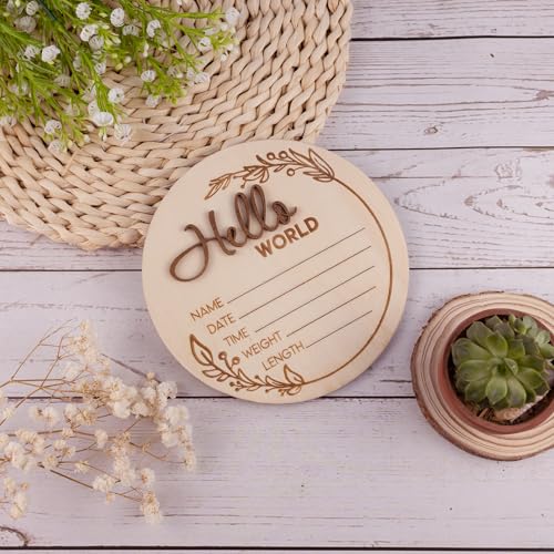 Image of Hello World Wooden Baby Birth Announcement Sign - Custom Baby Name Plaque with Leaf Design - 3D Lettering - Newborn Stats Board for Photo Prop or Nursery Decor