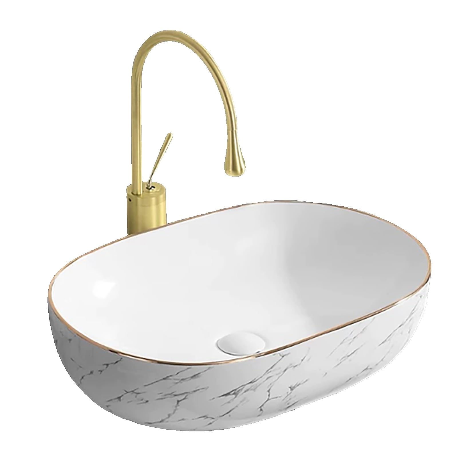 Stone-Pattern Ceramic Bathroom Sink, with Gold Rim, Large Capacity Bathroom Sinks, High-Temperature Fired Basin, for Vanity, Bathroom, Powder Room