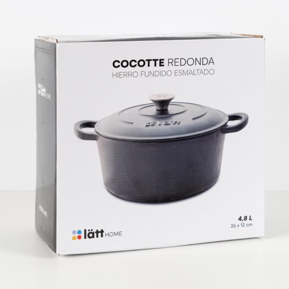 Cocotte Hierro Fundido Esmaltado Negra. Cocotte Redonda 26x12 CM - 4,8 L. Olla Elegante, Resistente, Especial para Inducción y Apta para todos tipo de Cocina