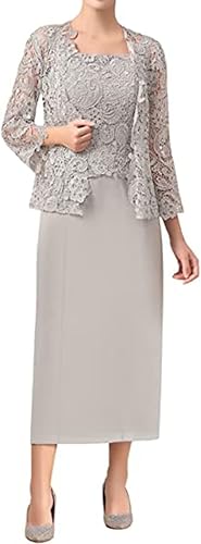 Miniatura 3 de Noufany 2 PCS Outft para invitados de boda Vestidos de encaje cuello cuadrado madre de la novia vestido con chaqueta NY 028