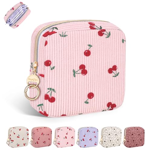 Image of Period Bag for Girls, Corduroy Sanitary Napkin Pouch, C-LPink | Cherry Menstrual Pad Pouches Tampon Holder for Purse, Period Pouches for Storage Sanitary Napkin, Menstrual Cup, Pad, Tampo