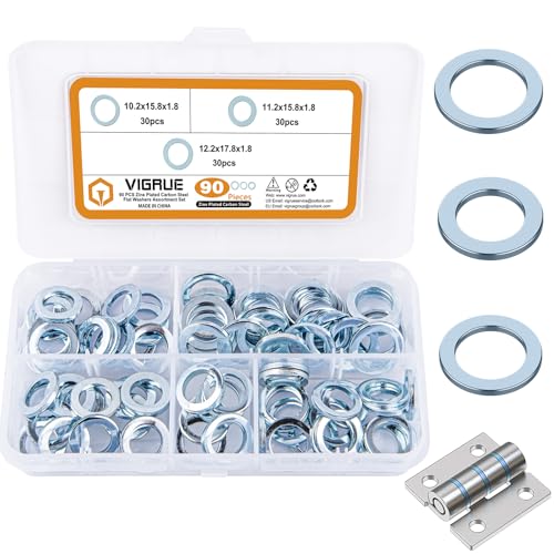 VIGRUE 90 Stück Fitschenringe Stahl verzinkt gemischt Sortiment Ø 10,2/11,2/12,2 mm, Tür Unterlegscheiben Set Beilagscheiben in Sortimentskasten