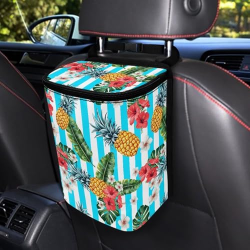 Image of KEIAHUAN Tropical Flower Pineapple Car Trash Can with Lid Car Accessories for Women Men Collapsible Auto Garbage Bag Hanging for Back Seat Multipurpose Trash Bag for Sedans,SUVs & Trucks