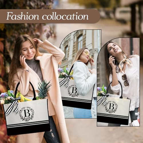 Image of Personalized Initial Canvas Tote Bags, Monogrammed Tote Bag Gifts for Women Teacher Friend for Birthday Wedding