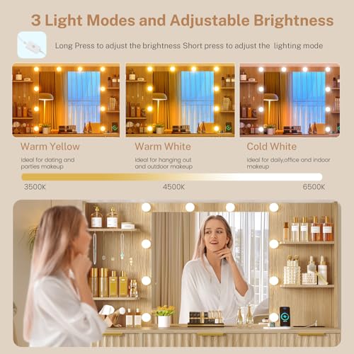 Image of Quimoo Fluted Vanity Desk with Mirror and Adjustable LED Lights & Power Outlet, Makeup Vanity Desk with 7 Drawers,4 Shelves and 5 Hooks, Vanity for Girls, Natural Oak