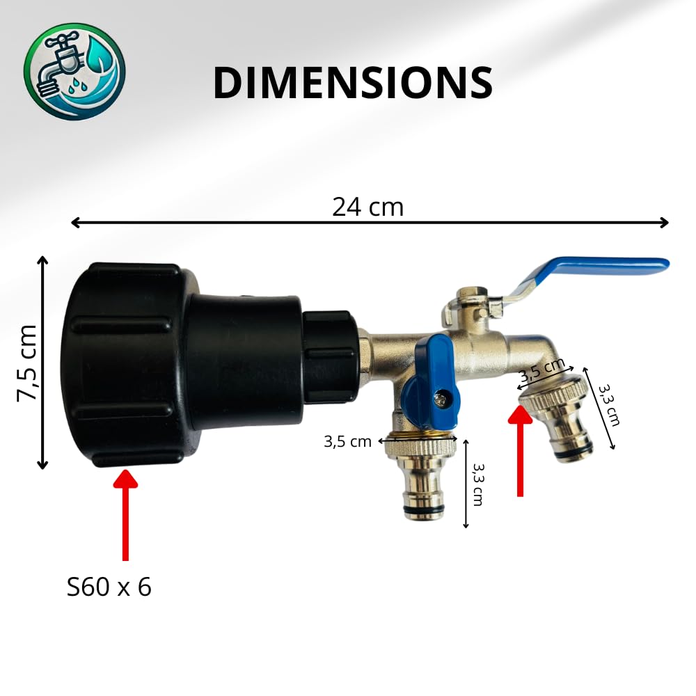 Robinet Cuve 1000L 1/2 S60X6 IBC- Extension Intégrée, raccord cuve 1000 litres, Double Sortie avec Rallonge Raccord Rapide & Étanche – Idéal pour Jardinage, Remplissage et Arrosage simultané