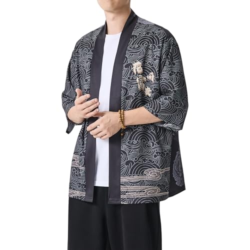 Image of PRIJOUHE Men's Japanese Kimono Cardigan Jackets Casual Long Sleeve Open Front Coat Lightweight Yukata Outwear