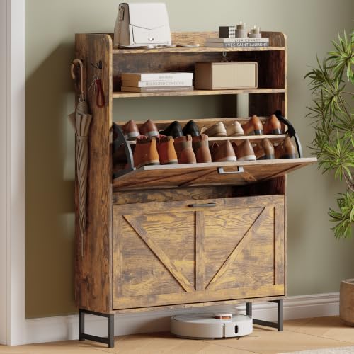 Image of Shoe Cabinet with 2 Flip Drawers, Freestanding Hidden Shoe Storage Organizer for Entryway, Narrow Slim Shoe Rack Cabinet with Open Storage & Hooks for Front Door Entrance, Living Room, Hallway, Brown