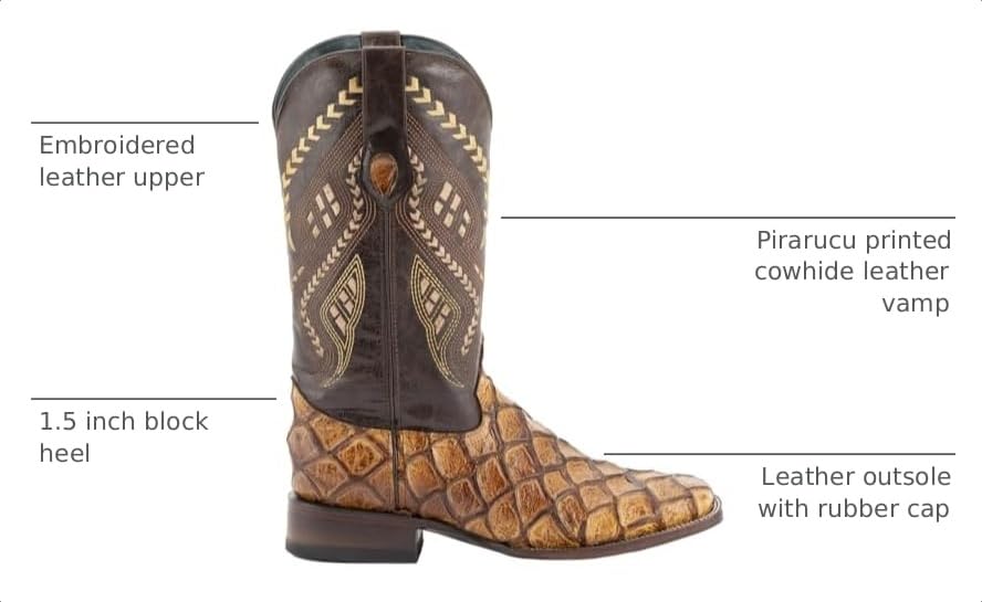 Image of Ferrini Italia mens Men's Bronco Pirarucu Print Square Toe Leather Heeled Western Boots