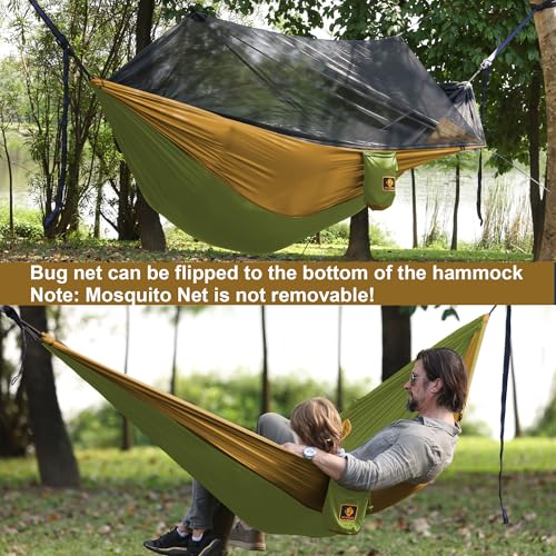 Image of Camping Hammock with Net,Portable Lightweight Double Hammocks with Tree Straps and Solid D-Shape Carabiners,Parachute Nylon Hammock for Backpacking Beach Backyard Patio Hiking Green&Khaki