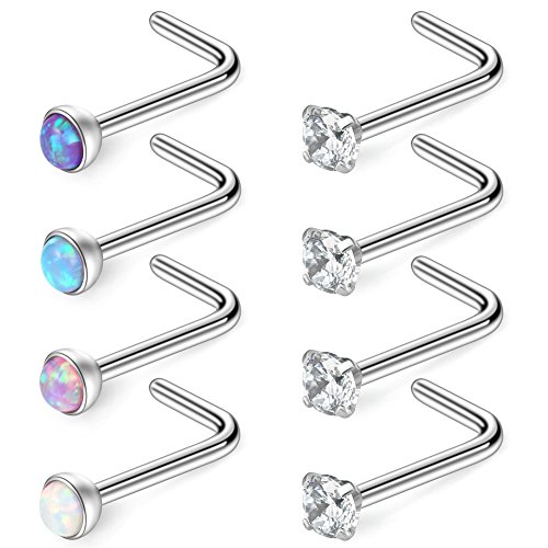 18G 316L Surgical Steel 1.5mm 2mm 2.5mm 3mm Jeweled Opal & Clear CZ Nose L-Shaped Rings Studs Ring Body Piercing Jewelry 8-16PCS