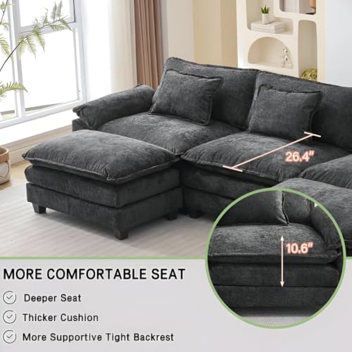Image of Modern U Shaped Sectional Sofa, Plush Chenille Upholstery, Extra Deep Seats with Throw Pillows for Living Room Office Hotels (Black)