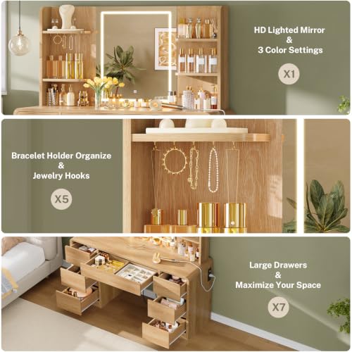Image of FIONESO Vanity Desk with Mirror and Lights, Makeup Vanity with 7 Drawers & Power Outlet, 3 Lighting Modes Brightness Adjustable, Vanity for Girls, Natural