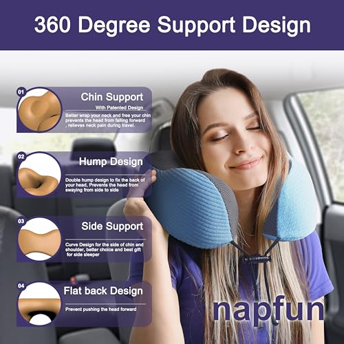 Image of napfun Neck Pillow for Traveling, Upgraded Travel Neck Pillow for Airplane 100% Pure Memory Foam Travel Pillow for Flight Headrest Sleep, Portable Plane Accessories, Sky Blue